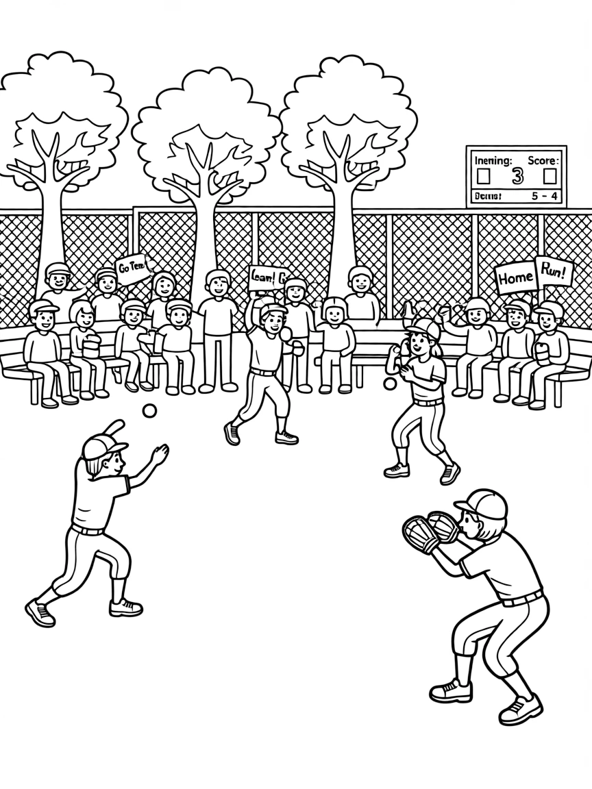 Kids playing baseball in an American park with a cheering crowd.