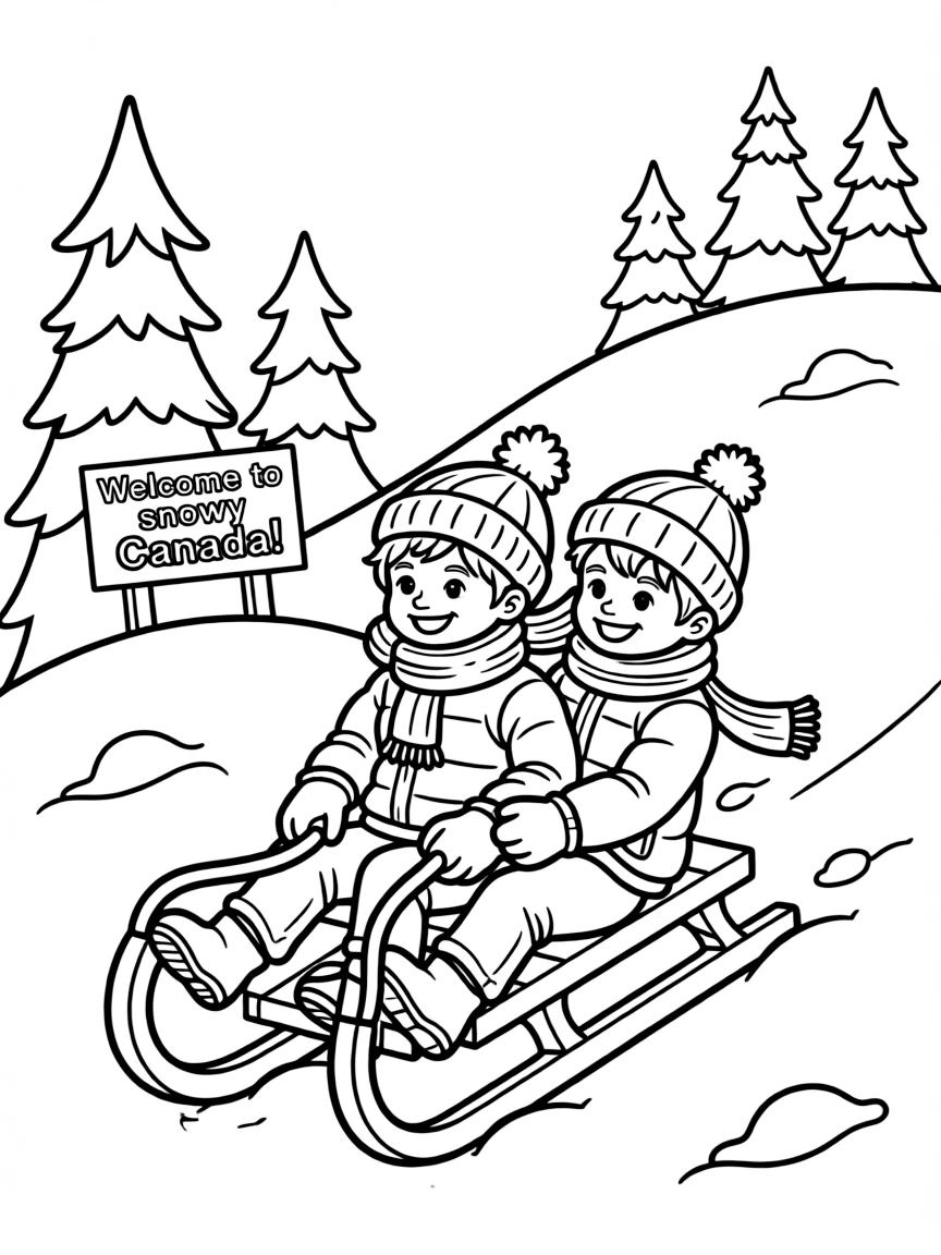 Kids riding a toboggan down a snowy hill in Canada.