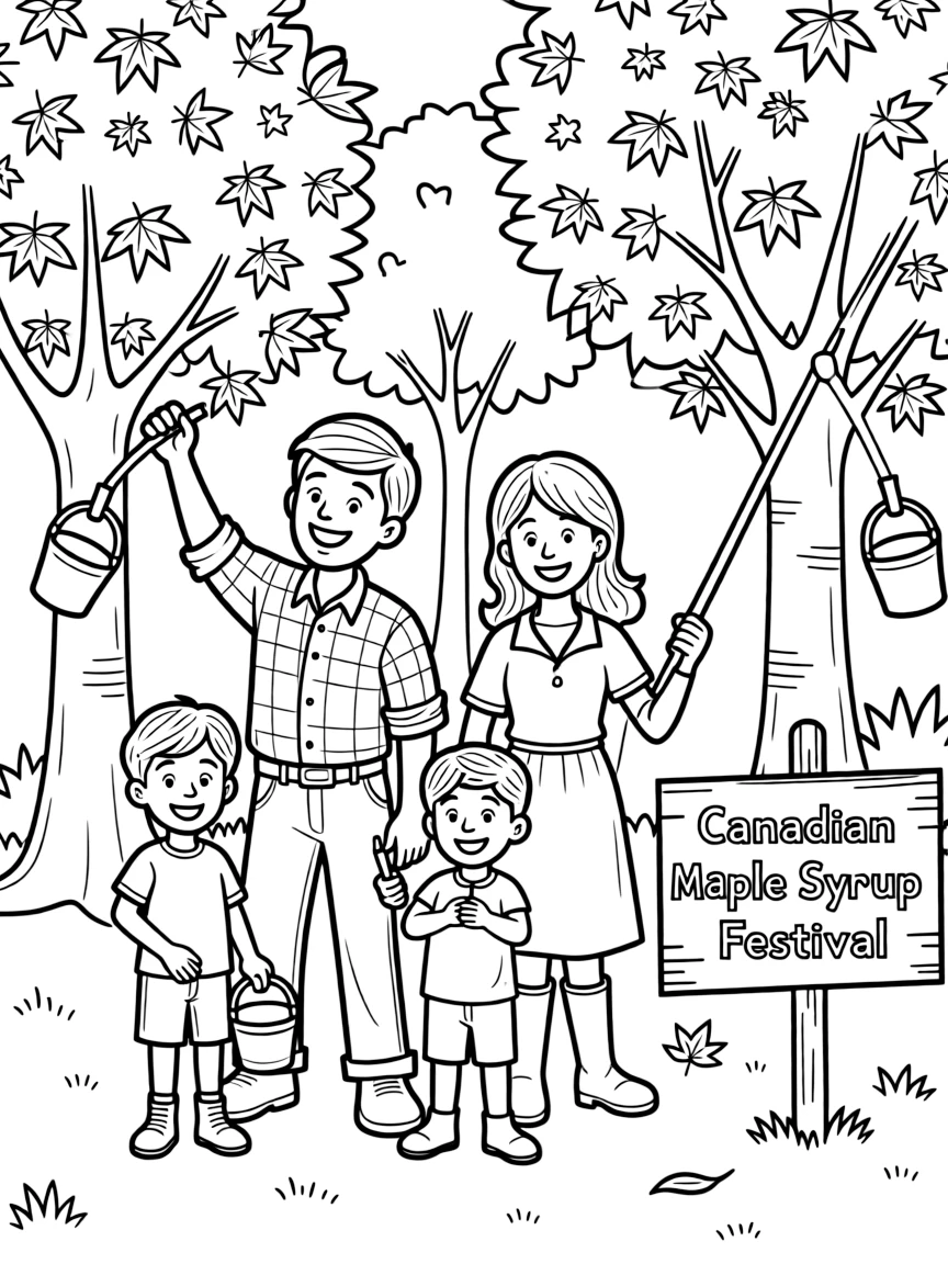 A traditional Canadian maple syrup festival with happy people tapping trees.