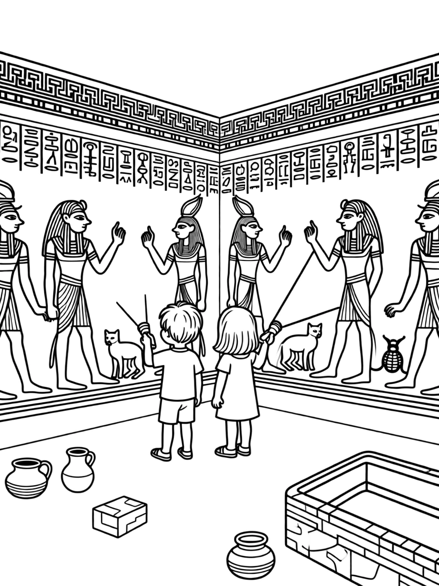 Kids exploring an ancient Egyptian tomb with colorful paintings on the walls.