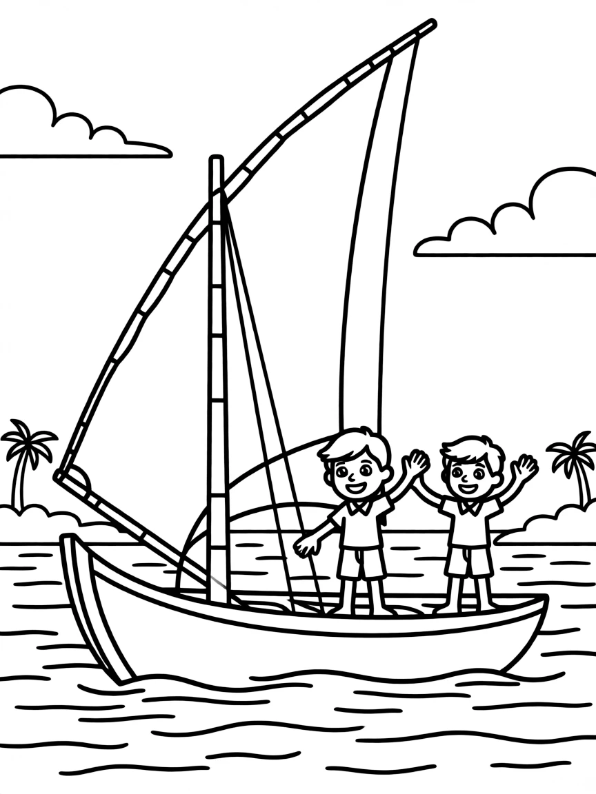 A traditional Egyptian boat on the Nile River with children waving.