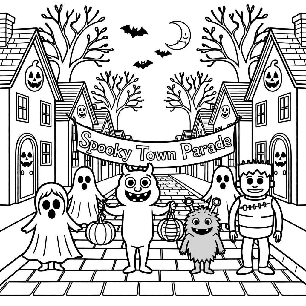 Classic Halloween Scene Friendly Ghosts and Monsters in a Parade in Spooky Town