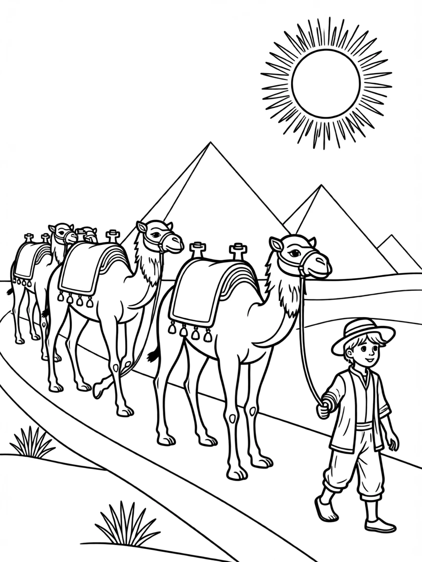 Camels walking in a caravan across the Egyptian desert.