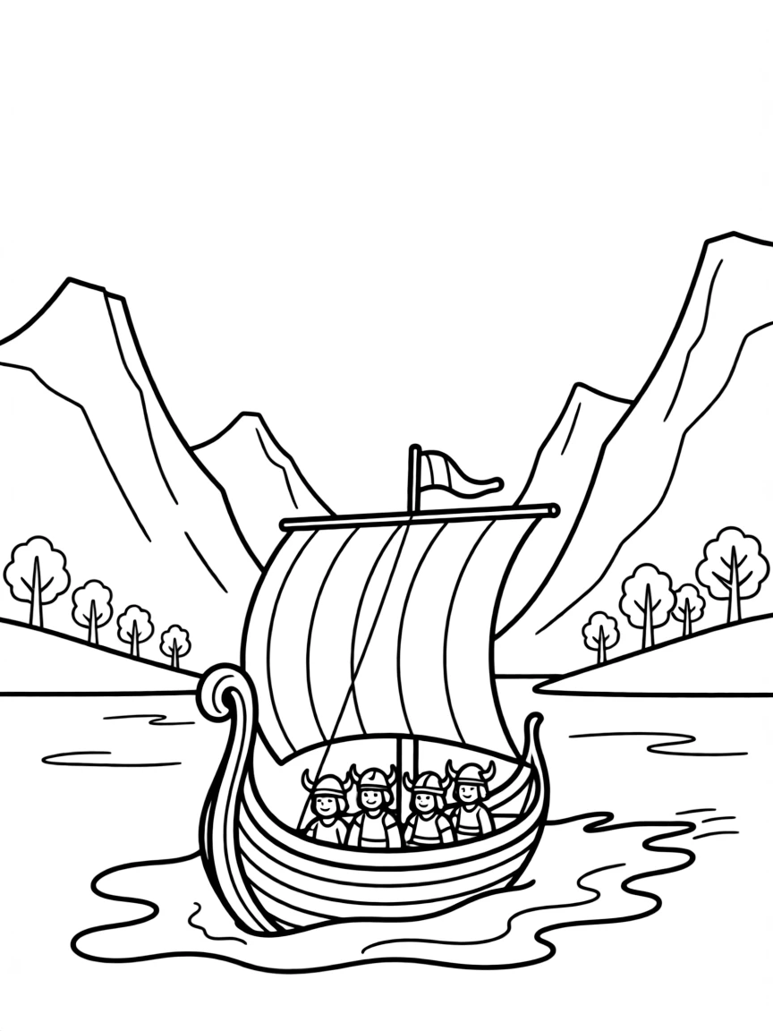 A Viking ship sailing on a Norwegian fjord with mountains in the background.