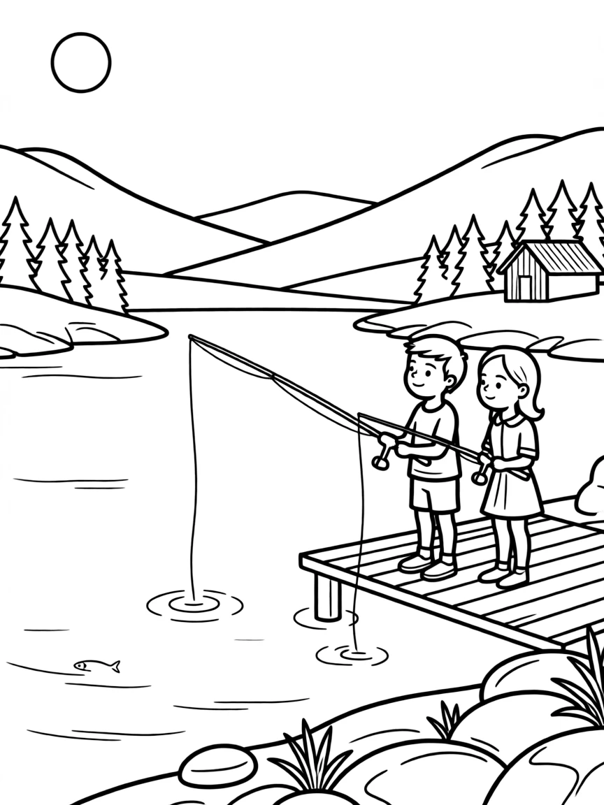 Kids fishing in a clear blue lake in Norway.