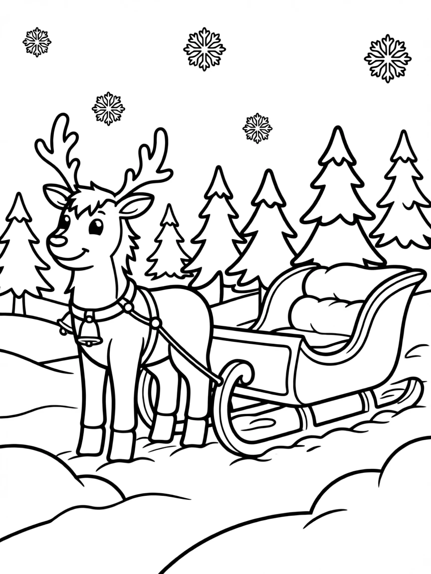 A friendly reindeer pulling a sleigh through the Norwegian snow.