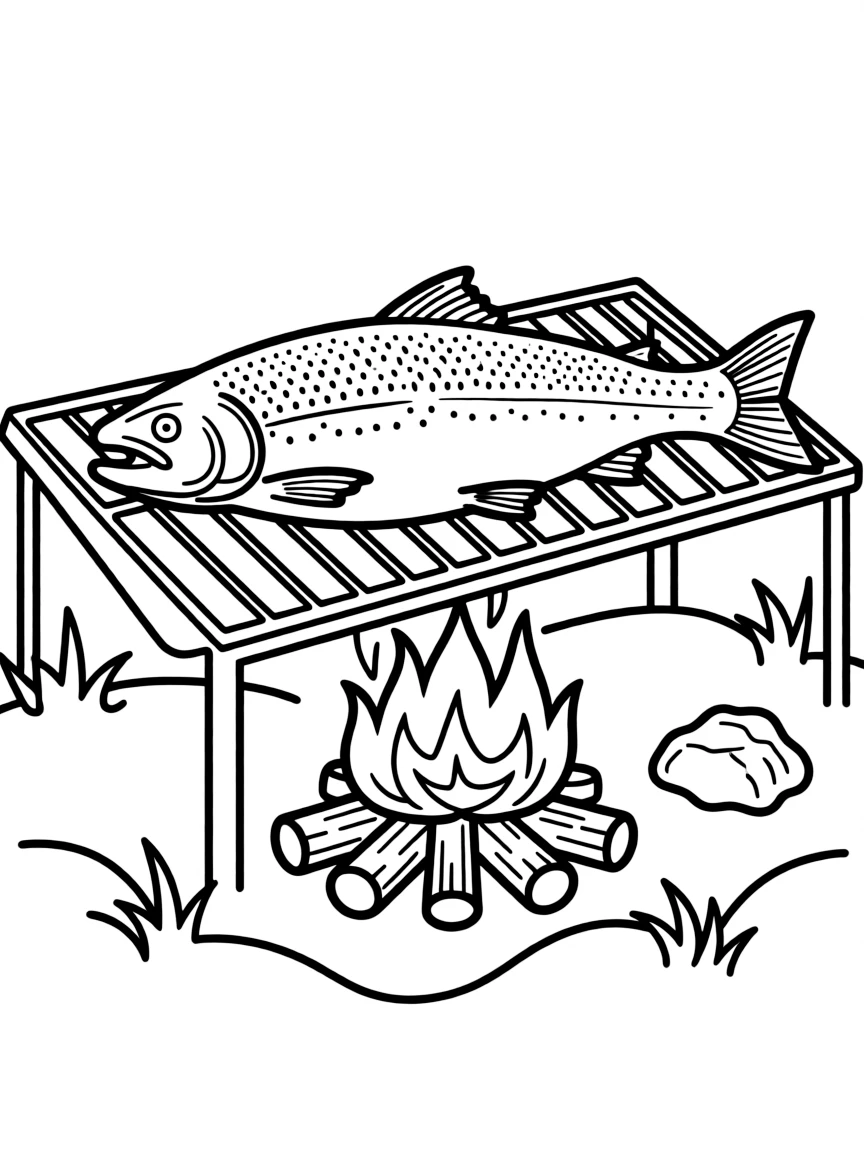 A delicious Norwegian salmon being grilled over an open fire.