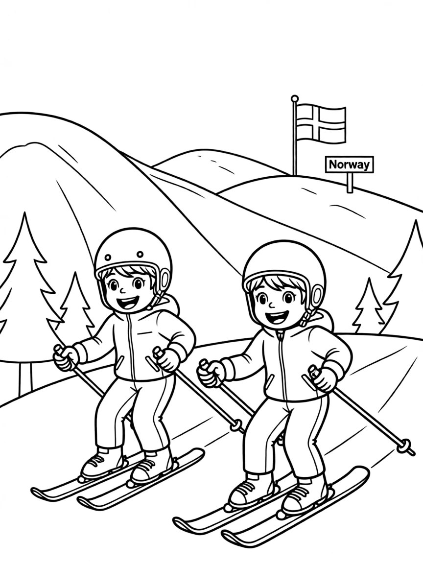 Kids skiing down a snowy mountain in Norway with a big smile.