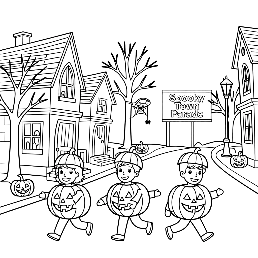 Classic Halloween Scene Kids as Pumpkins at Spooky Town Parade
