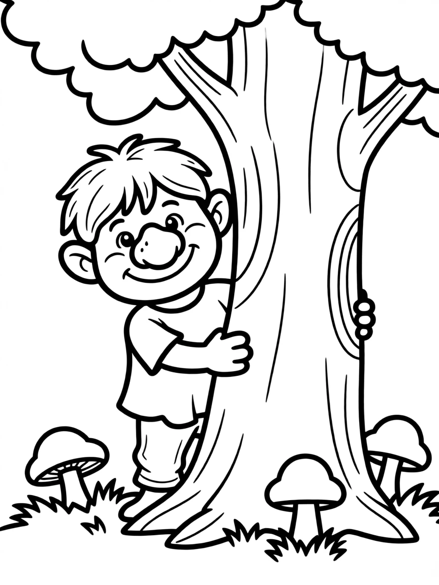 A traditional Norwegian troll (friendly!) peeking from behind a tree.