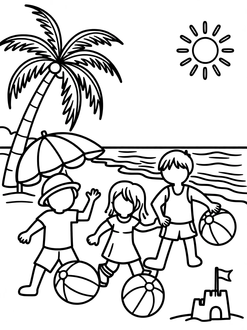 Kids playing on a sunny beach in Mexico with colorful beach balls.