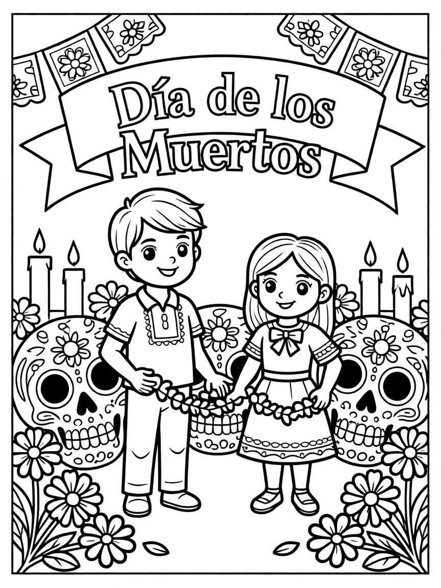 A vibrant Día de los Muertos celebration in Mexico with sugar skulls and marigolds.