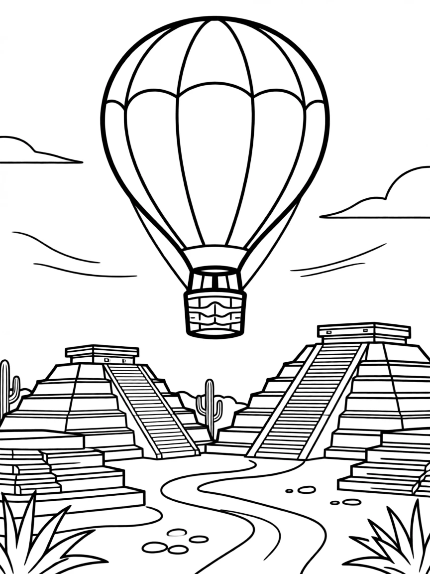 A hot air balloon floating over the ancient ruins of Teotihuacan in Mexico.
