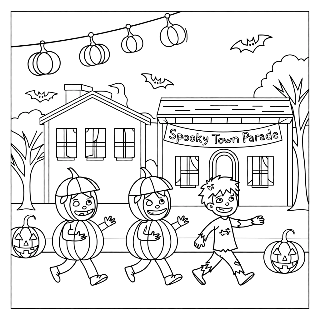 Classic Halloween Scene Kids as Pumpkins and Zombies at Spooky Town Parade
