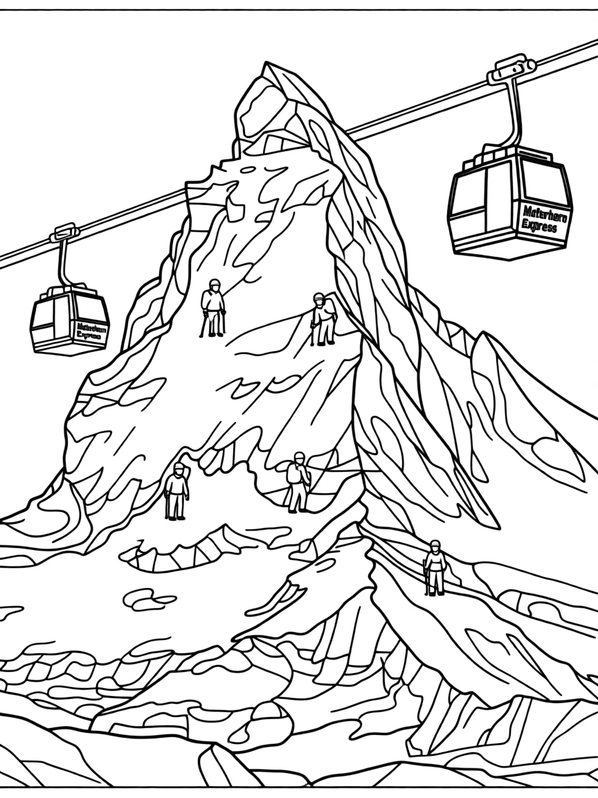 The Matterhorn mountain in Switzerland with tiny climbers and cable cars.
