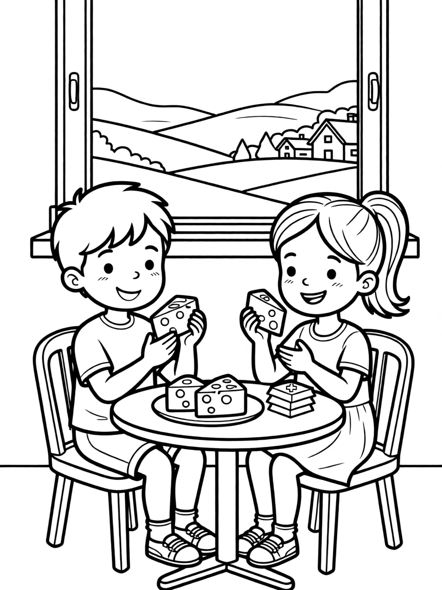 Kids enjoying delicious Swiss chocolate and cheese.