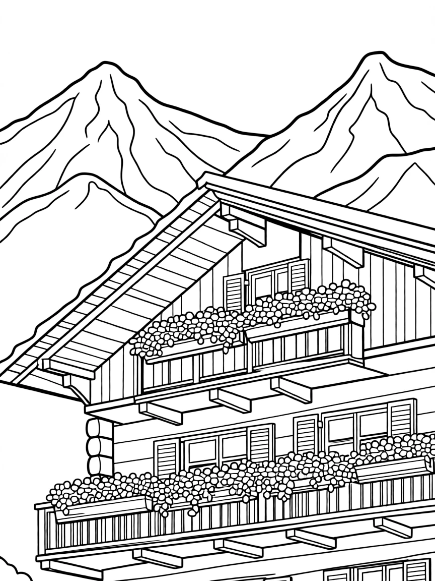 A traditional Swiss chalet with flowers on the balconies and snowy peaks.