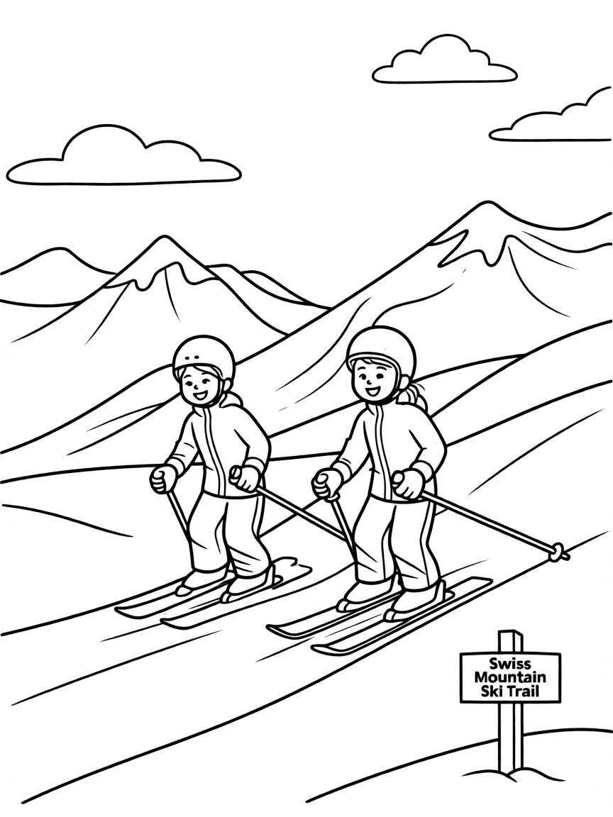 Kids skiing down a snowy Swiss mountain with clear blue skies.