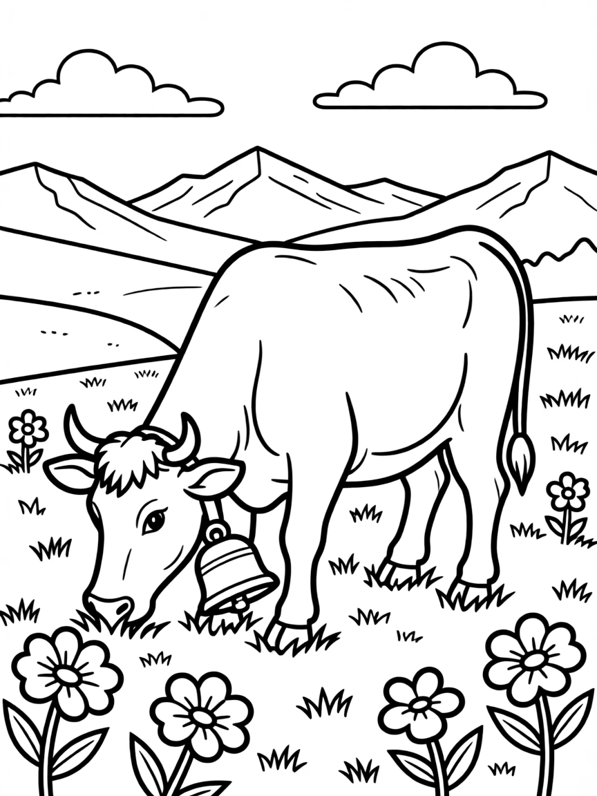 A peaceful cow grazing in an alpine meadow in Switzerland with cowbells clinking.