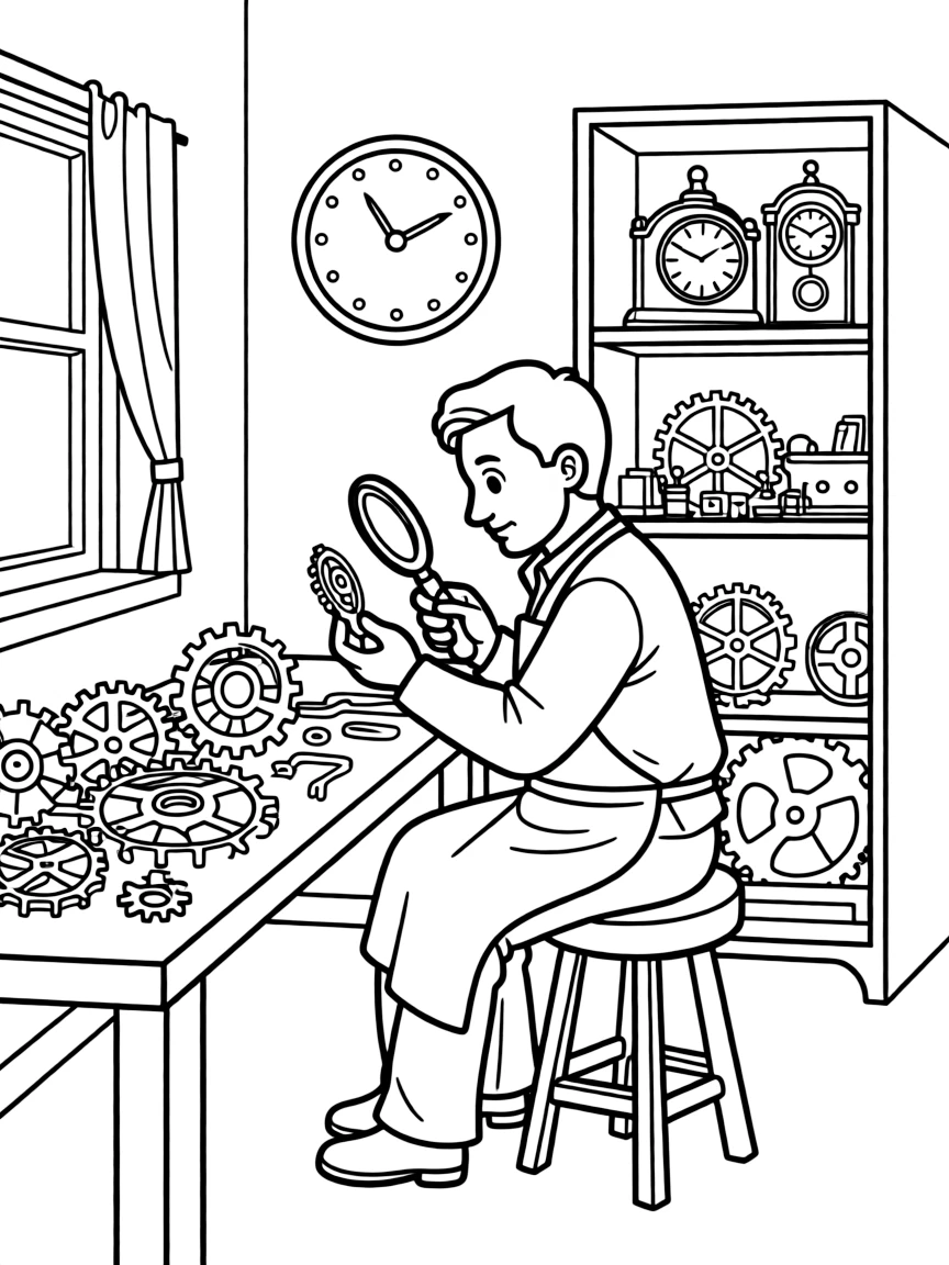 A traditional Swiss clockmaker at work, surrounded by intricate gears.