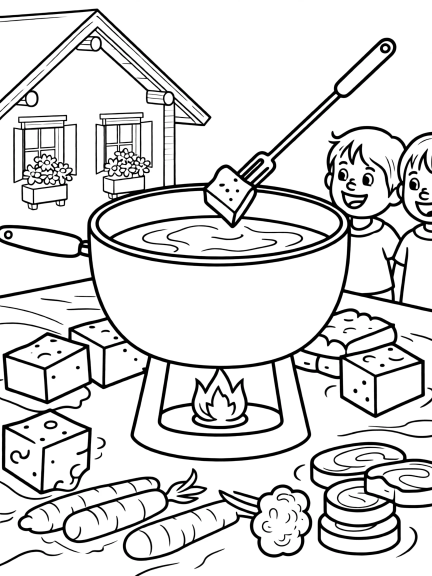 A delicious fondue pot in Switzerland with bread and dipping vegetables.