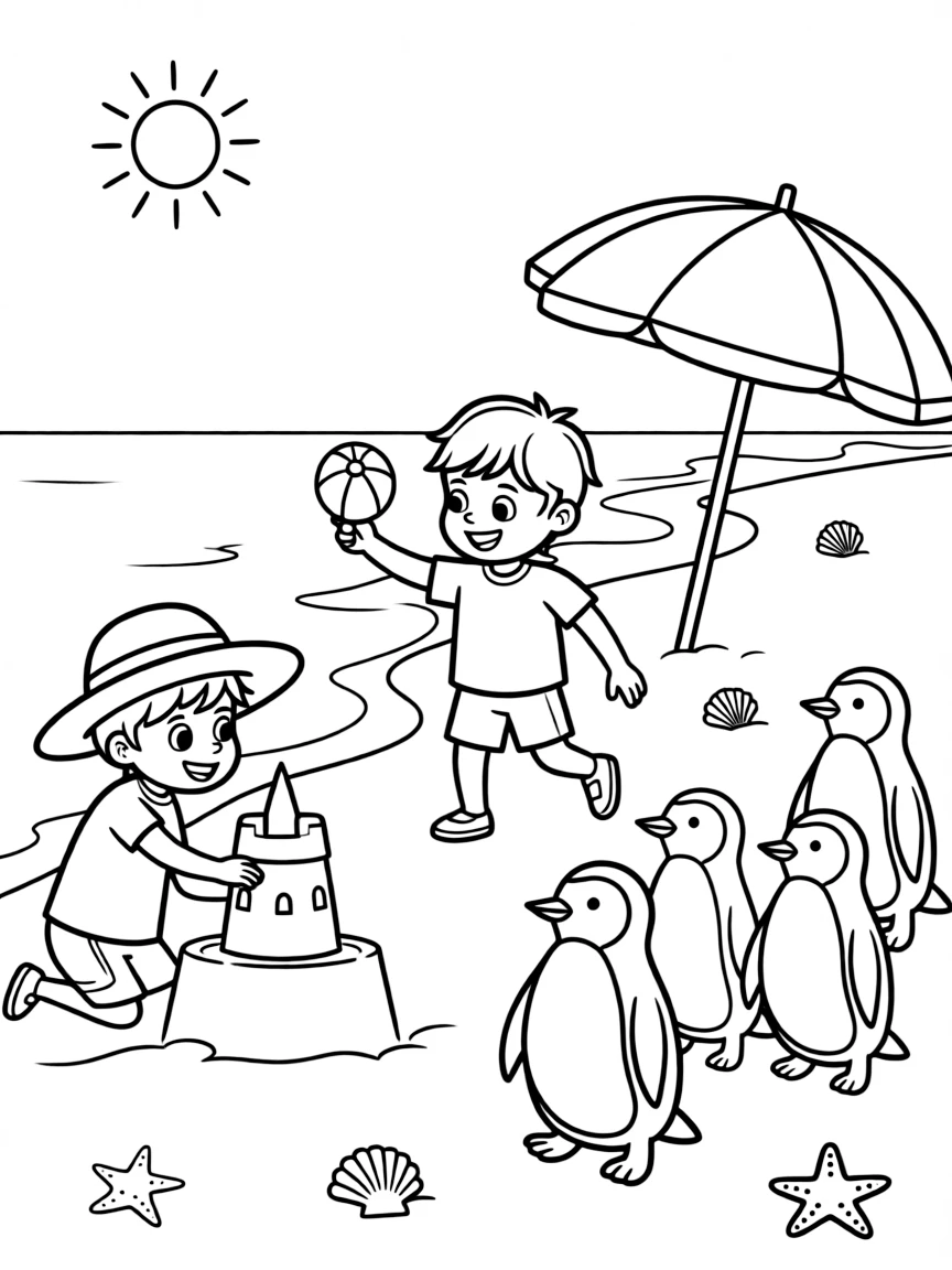 Kids playing on a sunny beach in Cape Town with penguins waddling nearby.