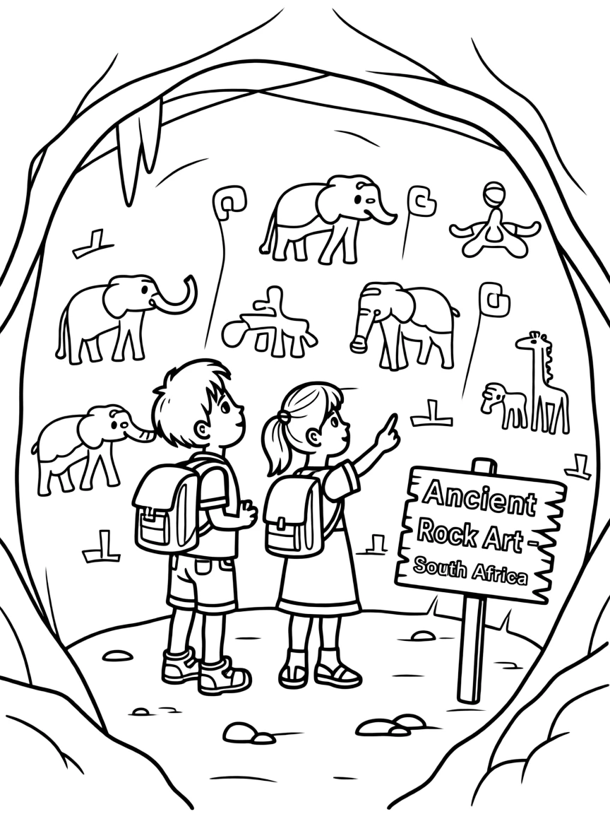 Kids exploring a cave in South Africa with ancient rock art.