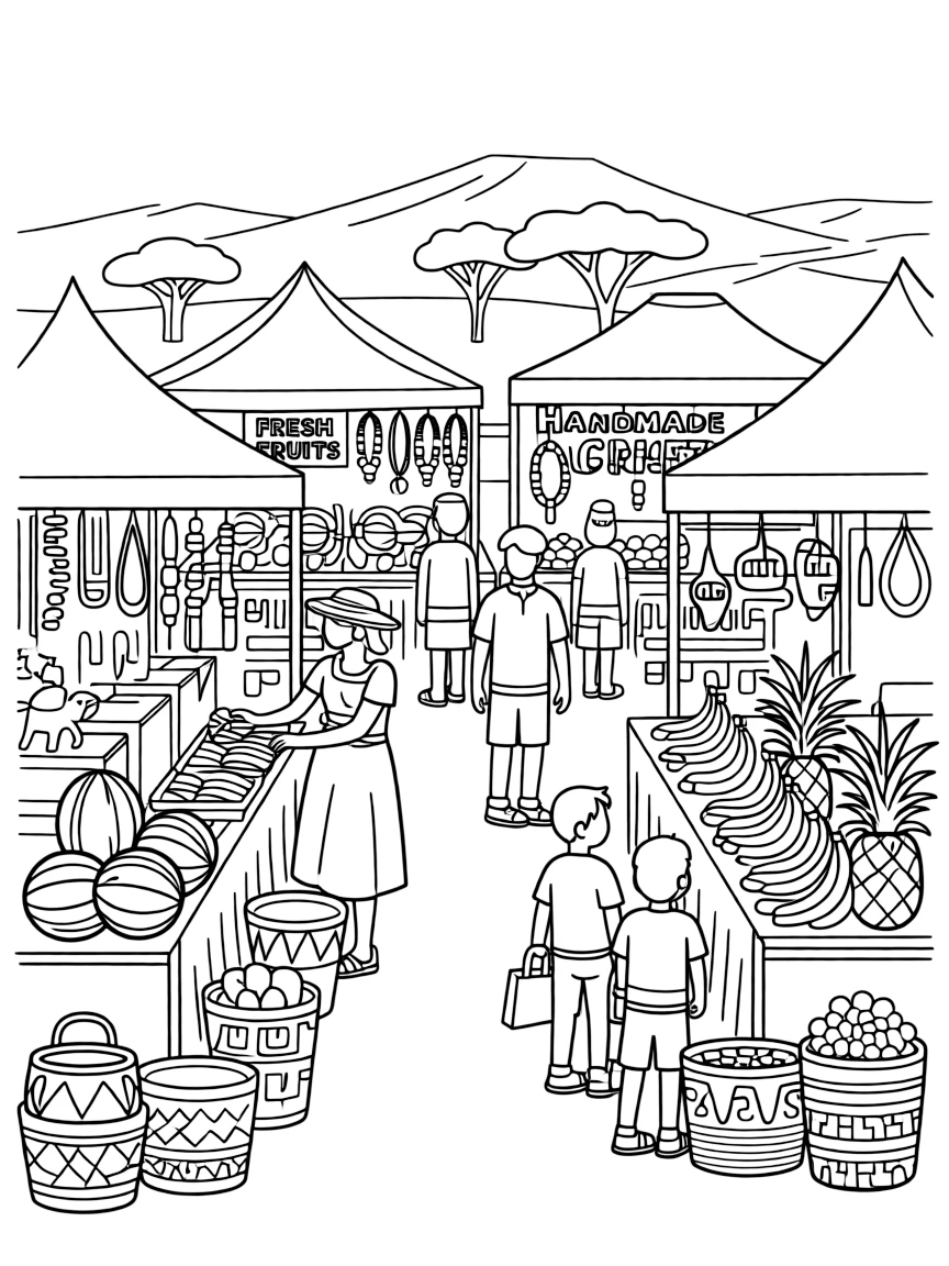 A bustling market in South Africa with fresh produce and crafts.