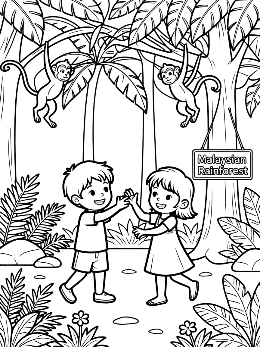 Kids playing with playful monkeys in a Malaysian rainforest.