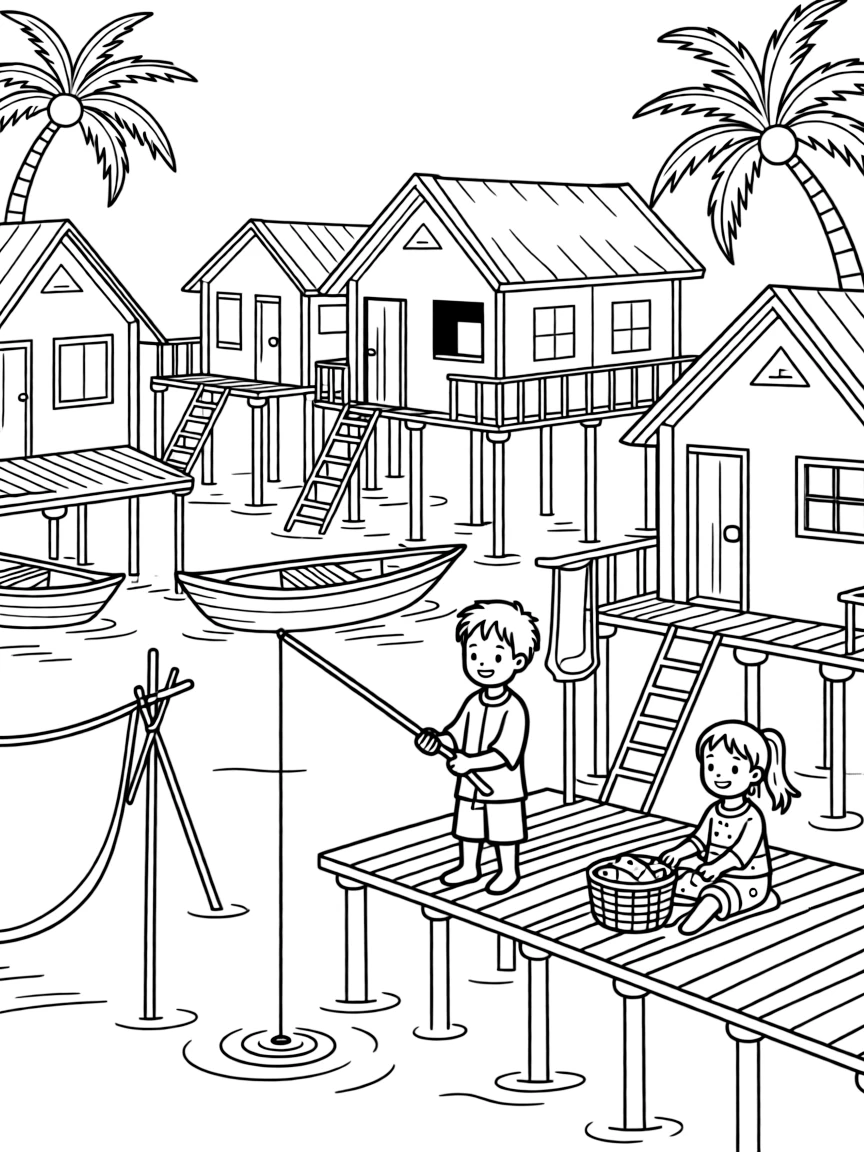 A traditional Malaysian fishing village with stilt houses.