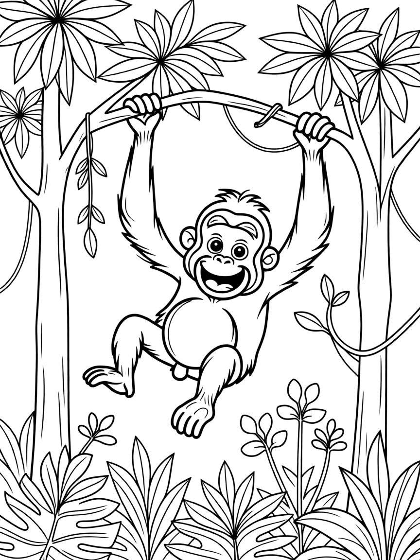 A friendly orangutan swinging through the trees in Malaysia.