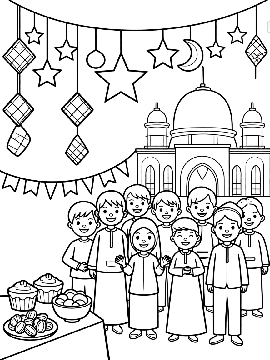 A festive Eid al-Fitr celebration in Malaysia with colorful decorations.