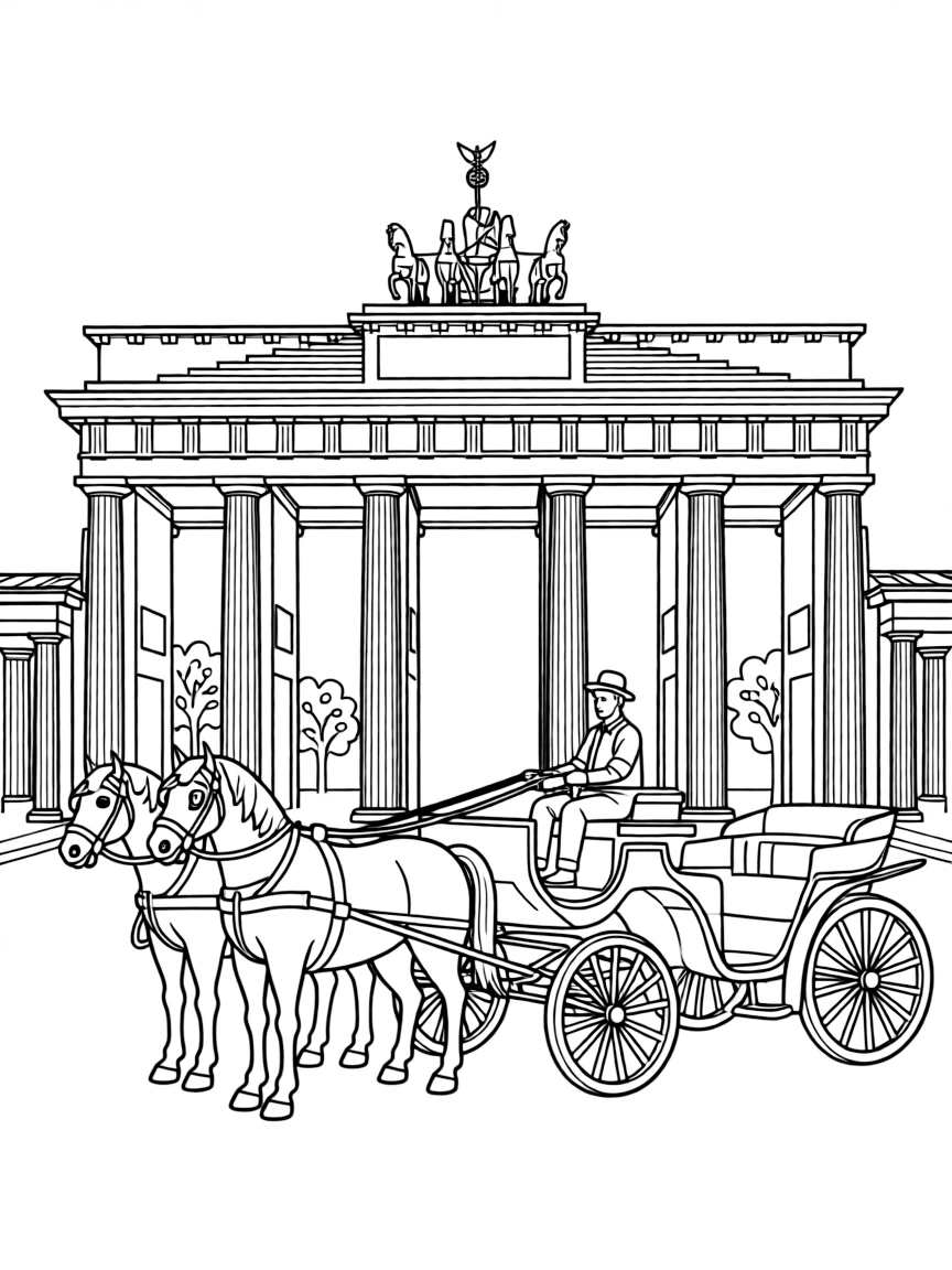 The Brandenburg Gate in Berlin, Germany, with a horse-drawn carriage.