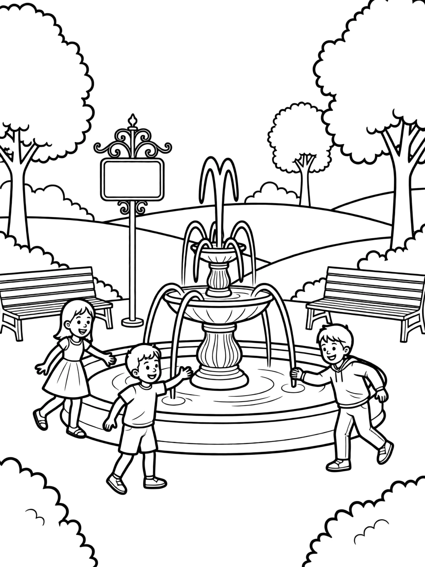 Kids playing in a beautiful German park with a fountain.