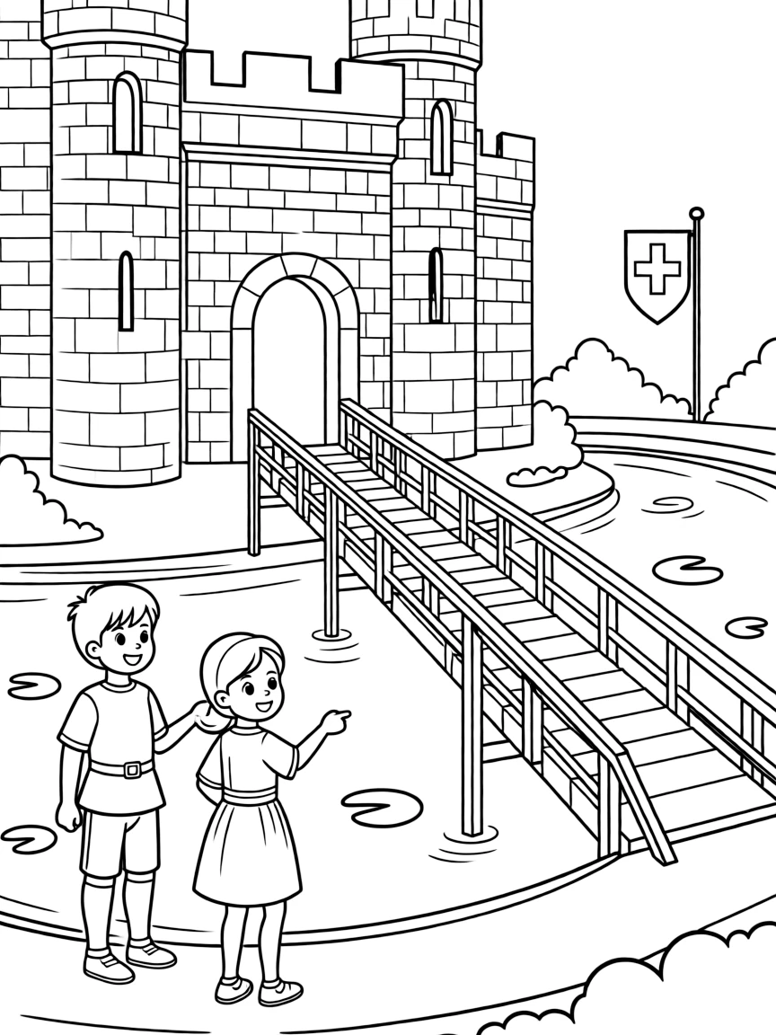 Kids exploring a medieval castle in Germany with a moat.
