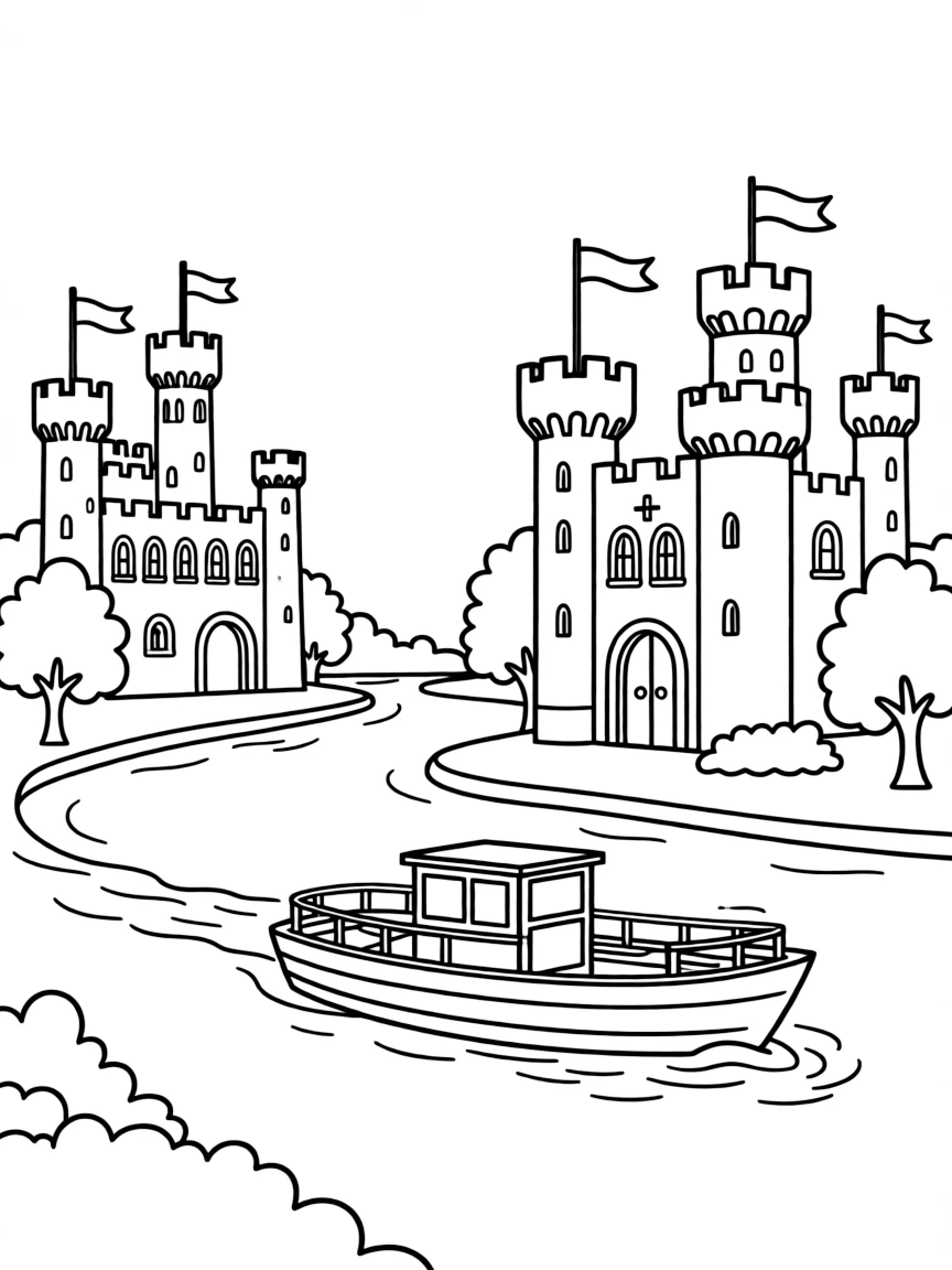 A peaceful river cruise in Germany with castles on the banks.