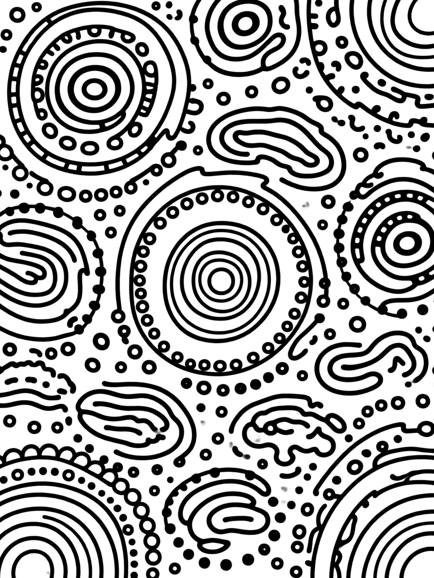 A traditional Aboriginal artwork in Australia with dots and symbols.