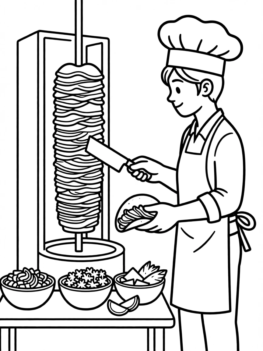A delicious taco al pastor being prepared on a vertical rotisserie.