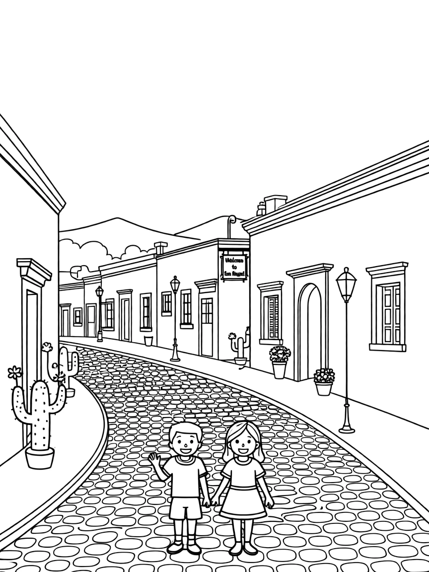 A vibrant street scene in San Miguel de Allende, Mexico, with cobblestone streets.