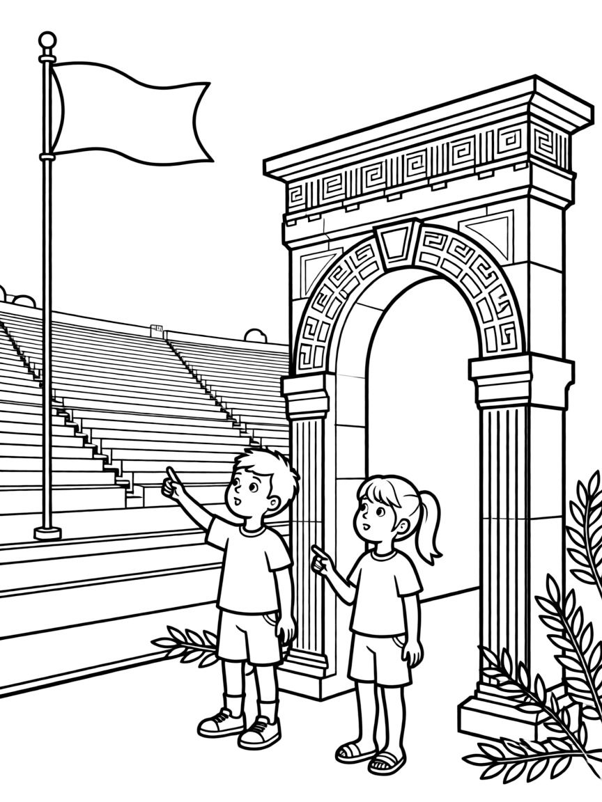 Kids exploring the ancient Olympic Stadium in Greece.
