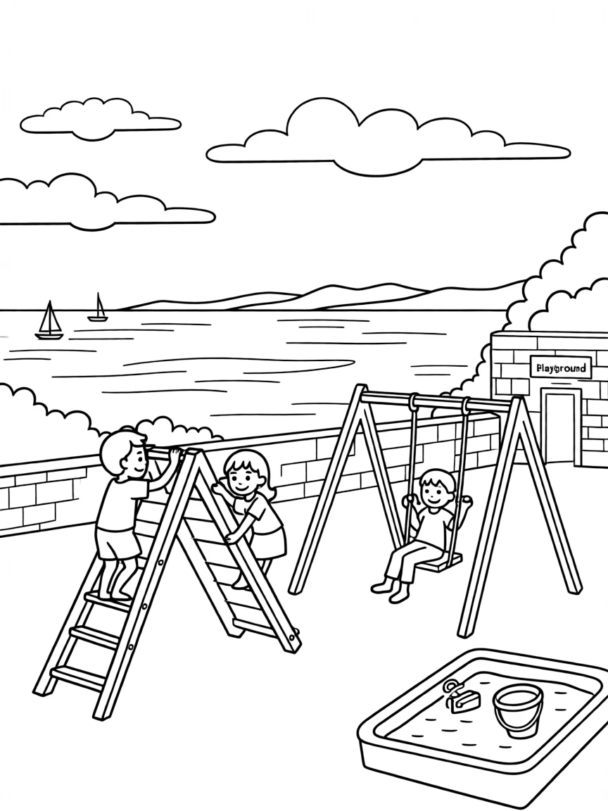 Kids playing in a Greek playground with a view of the sea.