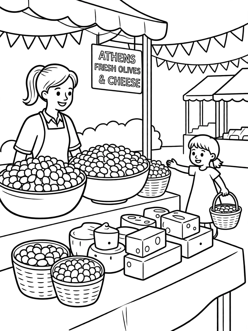 A vibrant street market in Athens with fresh olives and cheese.