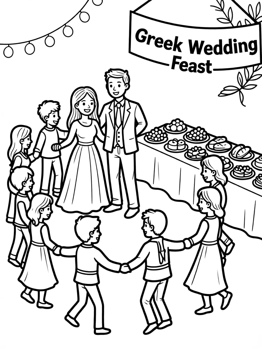 A festive Greek wedding with dancing and feasting.
