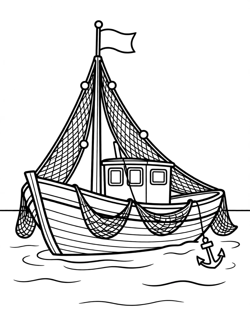 A traditional Greek fishing boat with colorful nets.