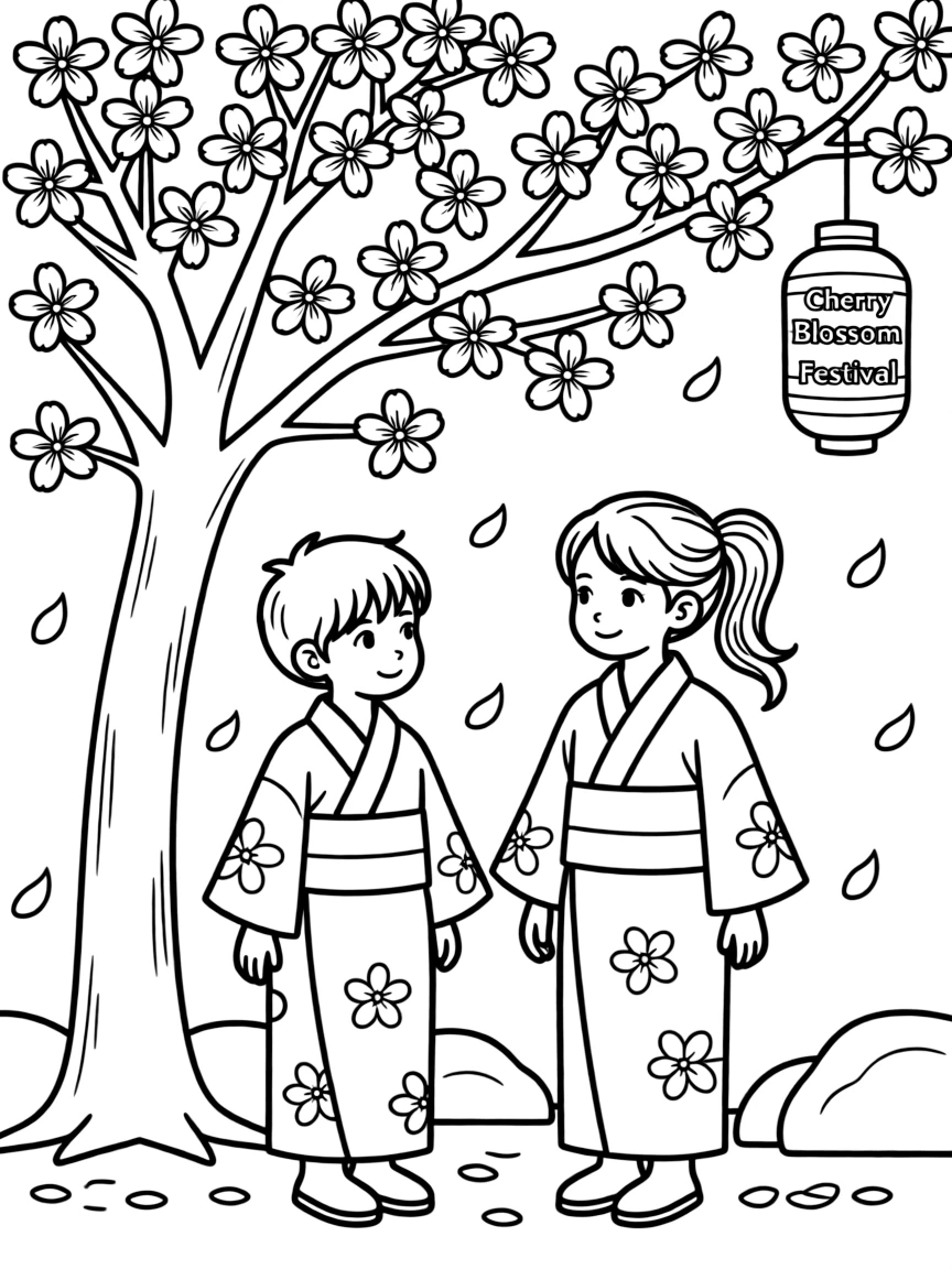 Kids dressing up in kimonos at a cherry blossom festival in Japan.