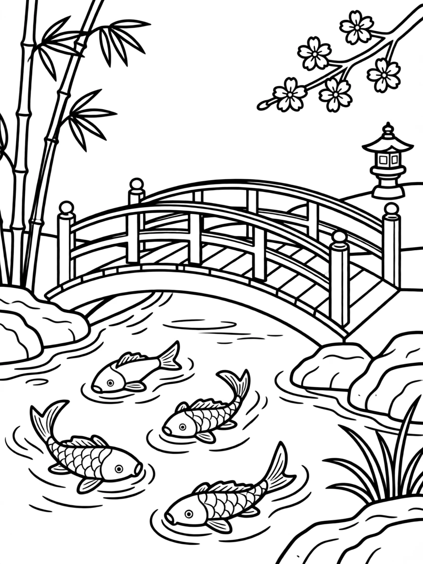 A traditional Japanese garden with a red bridge and koi fish.