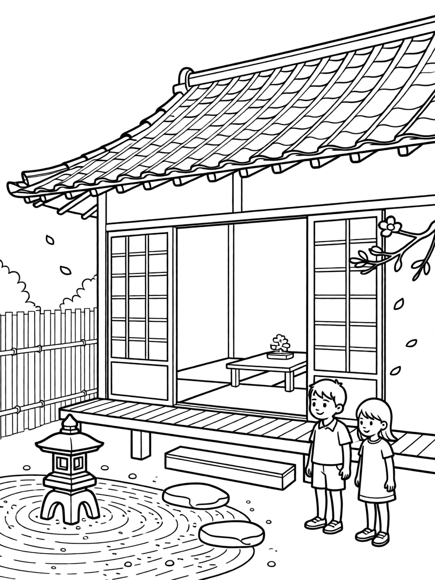 A traditional Japanese tea house with a peaceful atmosphere.