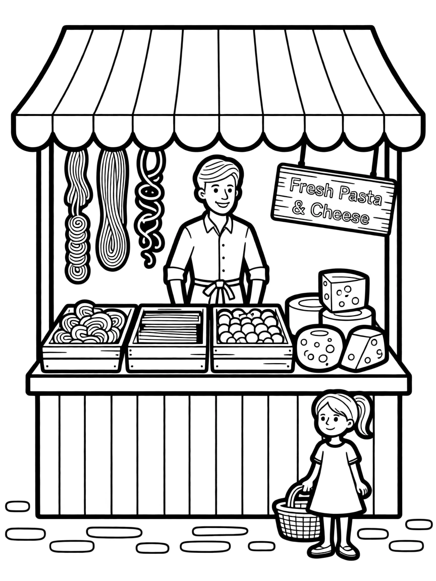 A traditional Italian market with fresh pasta and cheese.