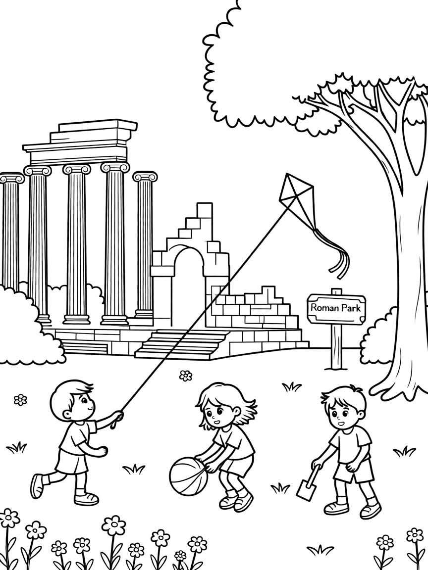 Kids playing in a Roman park with ancient ruins nearby.