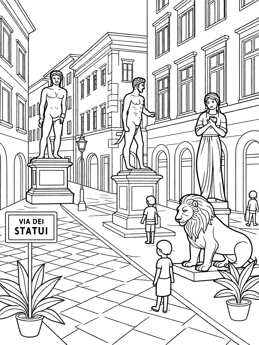 A vibrant street scene in Florence, Italy, with famous statues.